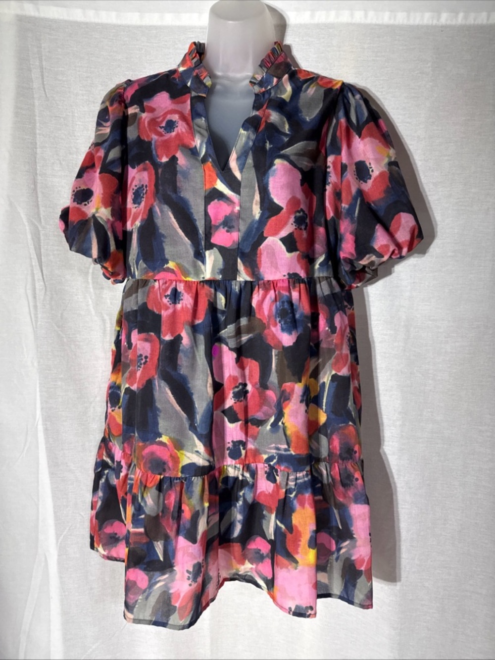 THML Navy Mini Dress with Multicolor Watercolor Trim Size Medium